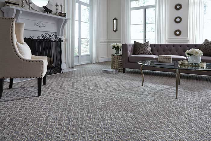 Family room with a nylon patterned stylish carpet